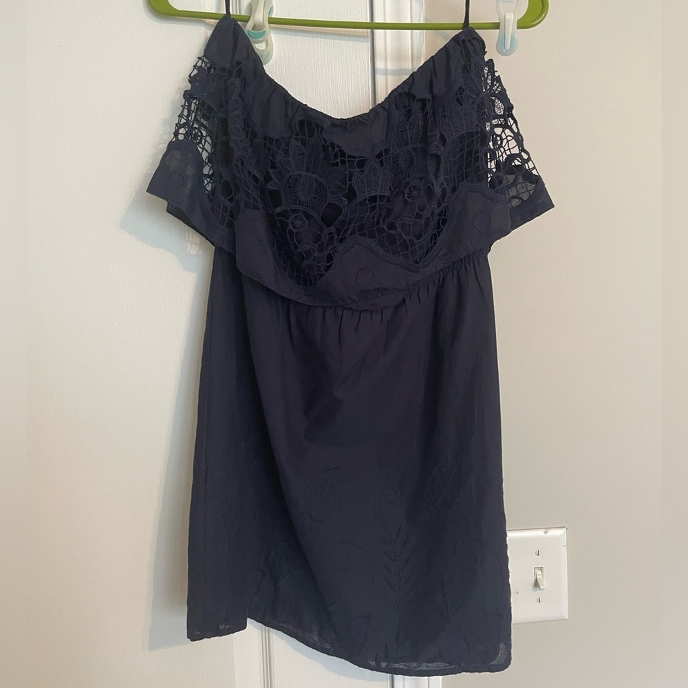 Navy Blue Strapless Dress with Lace Overlay